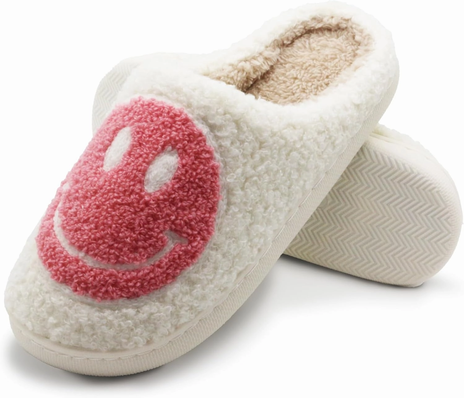 Retro Fuzzy Face Slippers for Women Men, Soft Plush Warm Slip-on Couple Style Casual Happy Face Slippers Cozy Indoor Outdoor Lightweight Anti-Skid Sole Cute House Slippers with Memory Foam
