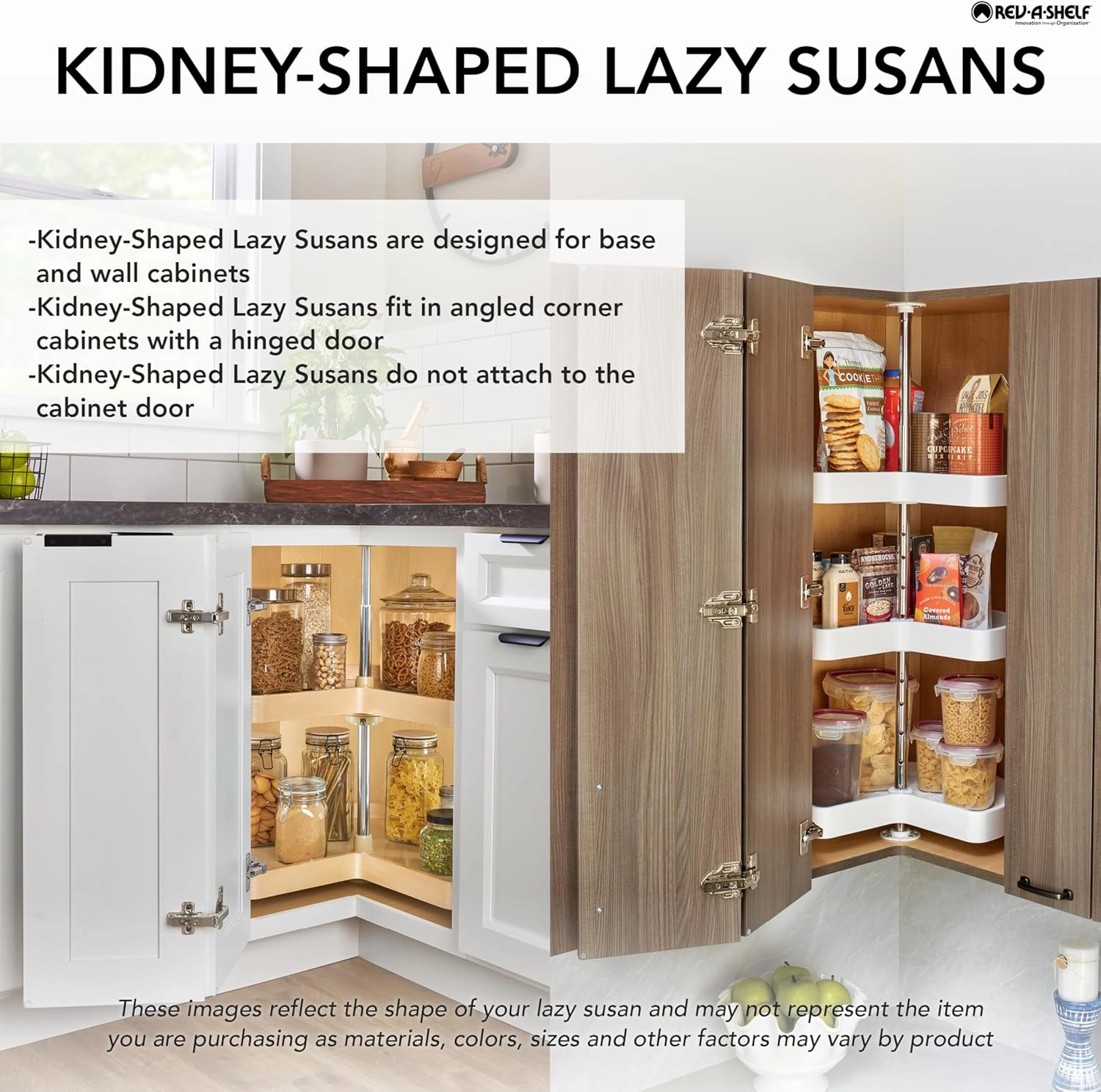 Rev-A-Shelf 28" Kidney Shaped Dual Tier Lazy Susan Shelf Organizer for Corner Base Kitchen Cabinets, Plastic Home Storage, White, 6472-28-11-52