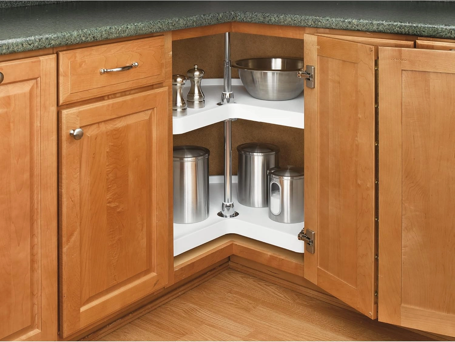 Rev-A-Shelf 28" Kidney Shaped Dual Tier Lazy Susan Shelf Organizer for Corner Base Kitchen Cabinets, Plastic Home Storage, White, 6472-28-11-52