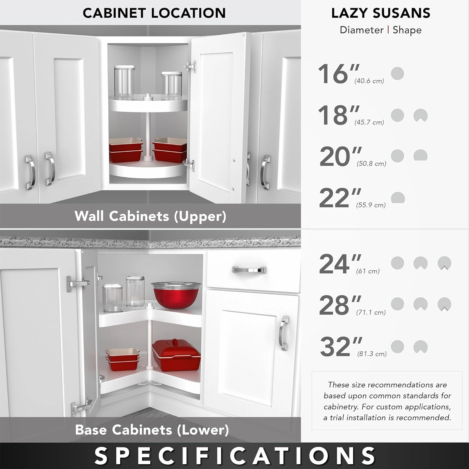 Rev-A-Shelf 28" Kidney Shaped Dual Tier Lazy Susan Shelf Organizer for Corner Base Kitchen Cabinets, Plastic Home Storage, White, 6472-28-11-52