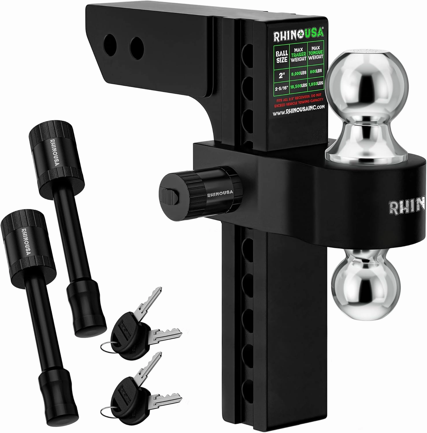 Rhino USA Adjustable Trailer Hitch (Fits 2-Inch Receiver)-Heavy Duty Aluminum Tow Hitches with 10-Inch Drop/Rise for Truck (12,500 LBS GTW) - Weatherproof Double Anti-Theft Locking Hitch Pins (Black)