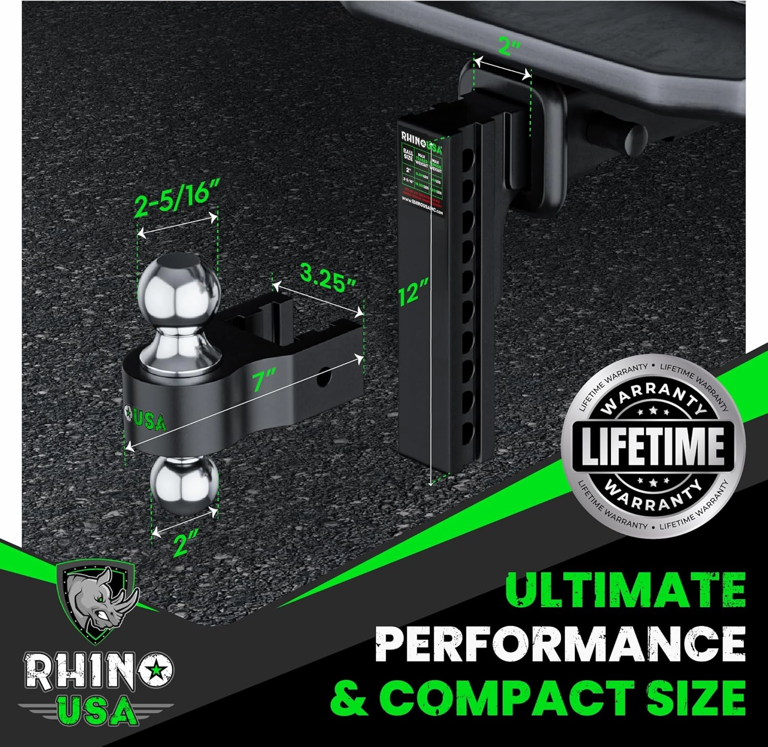 Rhino USA Adjustable Trailer Hitch (Fits 2-Inch Receiver)-Heavy Duty Aluminum Tow Hitches with 10-Inch Drop/Rise for Truck (12,500 LBS GTW) - Weatherproof Double Anti-Theft Locking Hitch Pins (Black)