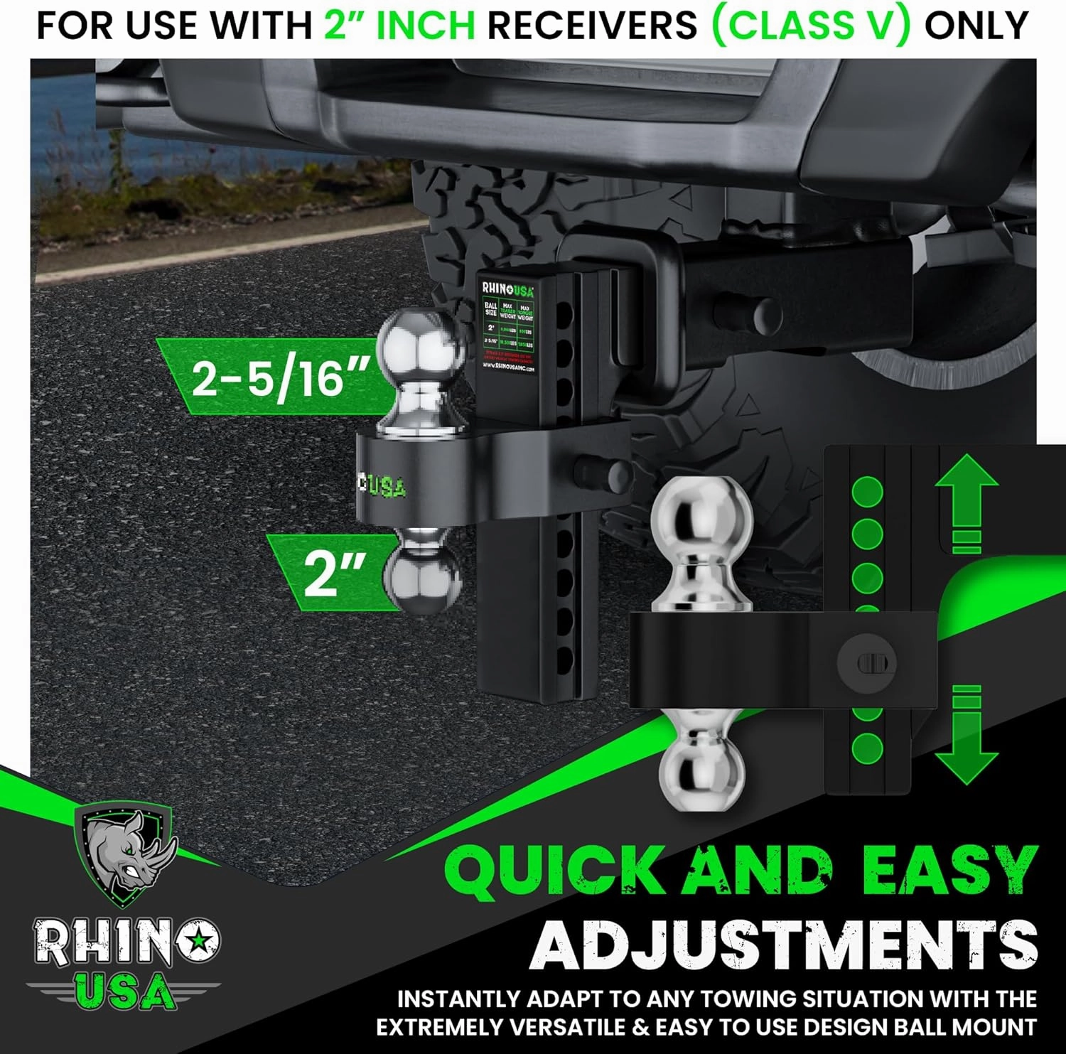 Rhino USA Adjustable Trailer Hitch (Fits 2-Inch Receiver)-Heavy Duty Aluminum Tow Hitches with 10-Inch Drop/Rise for Truck (12,500 LBS GTW) - Weatherproof Double Anti-Theft Locking Hitch Pins (Black)