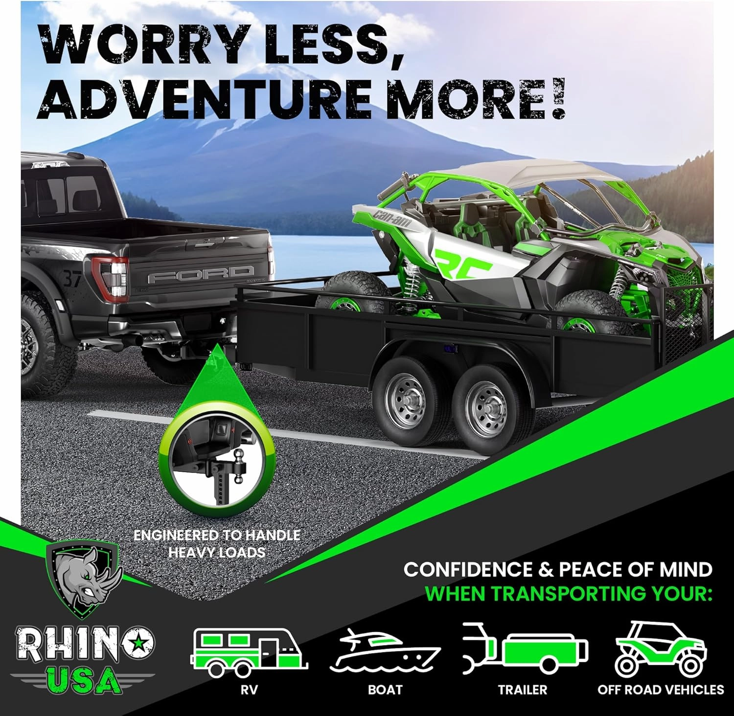 Rhino USA Adjustable Trailer Hitch (Fits 2-Inch Receiver)-Heavy Duty Aluminum Tow Hitches with 10-Inch Drop/Rise for Truck (12,500 LBS GTW) - Weatherproof Double Anti-Theft Locking Hitch Pins (Black)