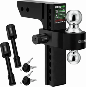 Rhino USA Adjustable Trailer Hitch (Fits 2-Inch Receiver)-Heavy Duty Aluminum Tow Hitches with 10-Inch Drop/Rise for Truck (12,500 LBS GTW) - Weatherproof Double Anti-Theft Locking Hitch Pins (Black)