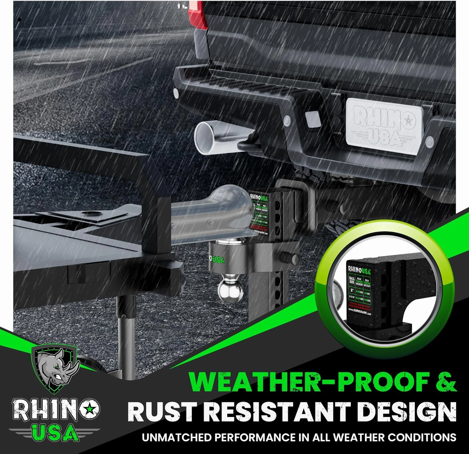 Rhino USA Adjustable Trailer Hitch (Fits 2-Inch Receiver)-Heavy Duty Aluminum Tow Hitches with 10-Inch Drop/Rise for Truck (12,500 LBS GTW) - Weatherproof Double Anti-Theft Locking Hitch Pins (Black)