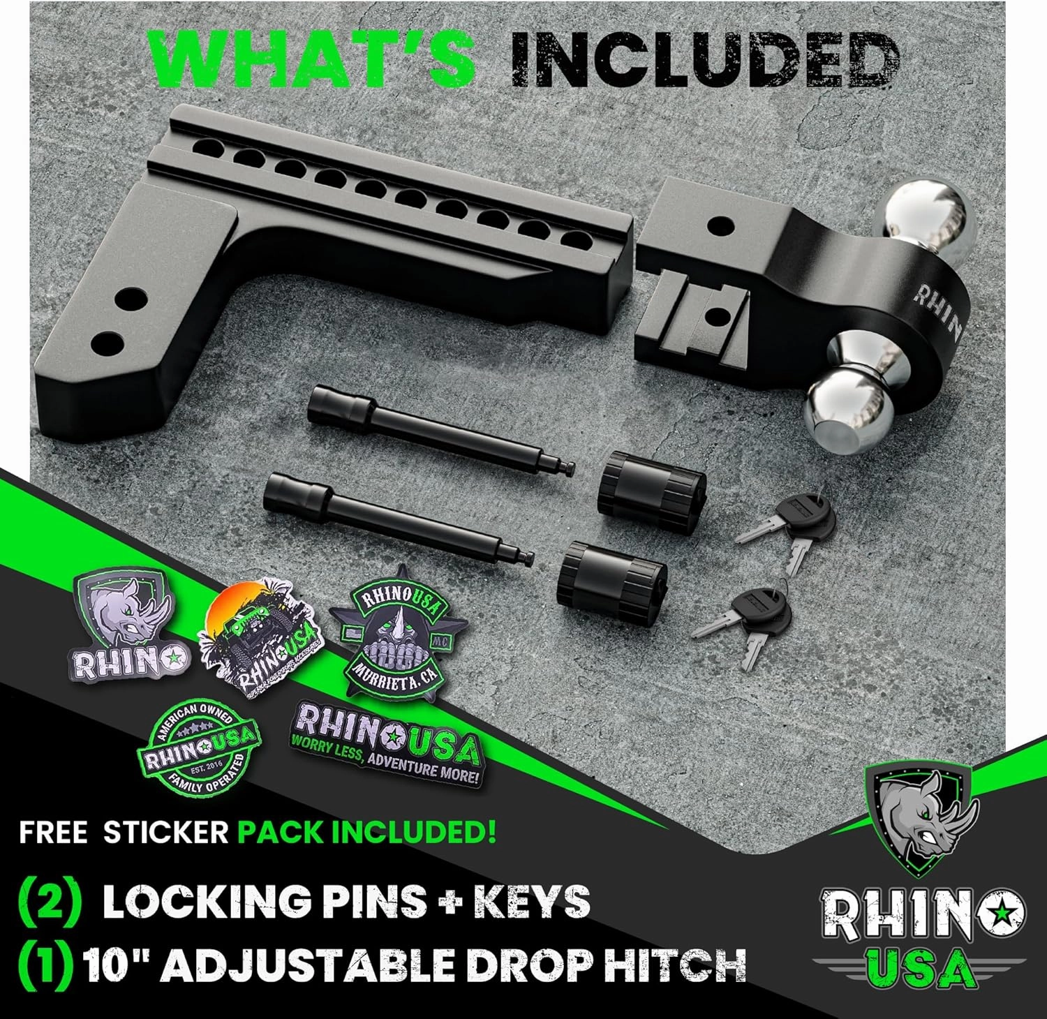 Rhino USA Adjustable Trailer Hitch (Fits 2-Inch Receiver)-Heavy Duty Aluminum Tow Hitches with 10-Inch Drop/Rise for Truck (12,500 LBS GTW) - Weatherproof Double Anti-Theft Locking Hitch Pins (Black)