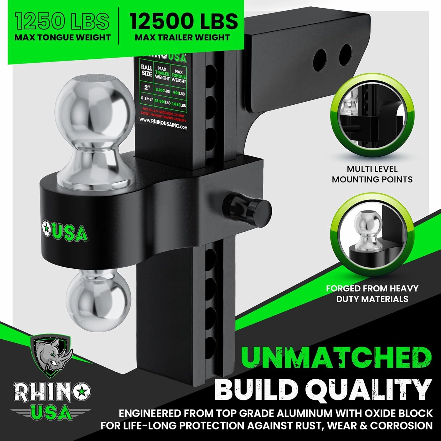 Rhino USA Adjustable Trailer Hitch (Fits 2-Inch Receiver)-Heavy Duty Aluminum Tow Hitches with 10-Inch Drop/Rise for Truck (12,500 LBS GTW) - Weatherproof Double Anti-Theft Locking Hitch Pins (Black)