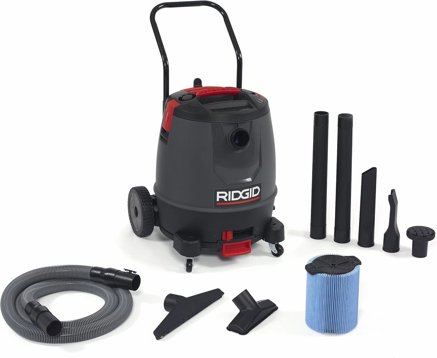 RIDGID 50338 1650RV Motor-on-Bottom Wet Dry Vacuum, 16-Gallon Shop Vacuum with Cart, 6.5 Peak HP Motor, Large Wheels, Pro Hose, Drain, Blower Port Red