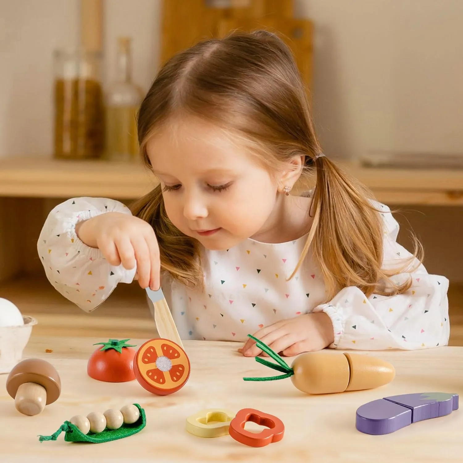ROBOTIME Wooden Play Food Cutting Vegetable Set, Pretend Play Toy Food for Play Kitchen with Shopping Bag – Kids Kitchen Accessories, Wooden Veggie Toys for Boys & Girls