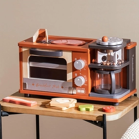 ROBUD Toddler Kitchen Playset - Wooden Breakfast Set with Coffee Maker, Toaster, Griddle, Play Food - Realistic Pretend Play Kitchen Appliance and Accessories for Kids Ages 3  Boys and Girls (Caramel)