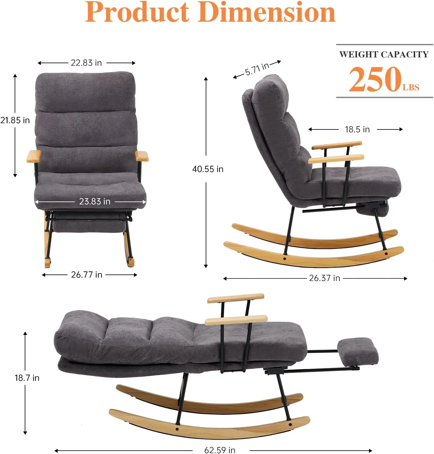 Rocking Chair with Footrest-Glider Rocker Chair with Retractable Footrest and Adjustable Backrest, Teddy Upholstered Rocking Chair, Modern Accent Chair for Living Room/Nursery/Bedroom/Outdoor-Grey