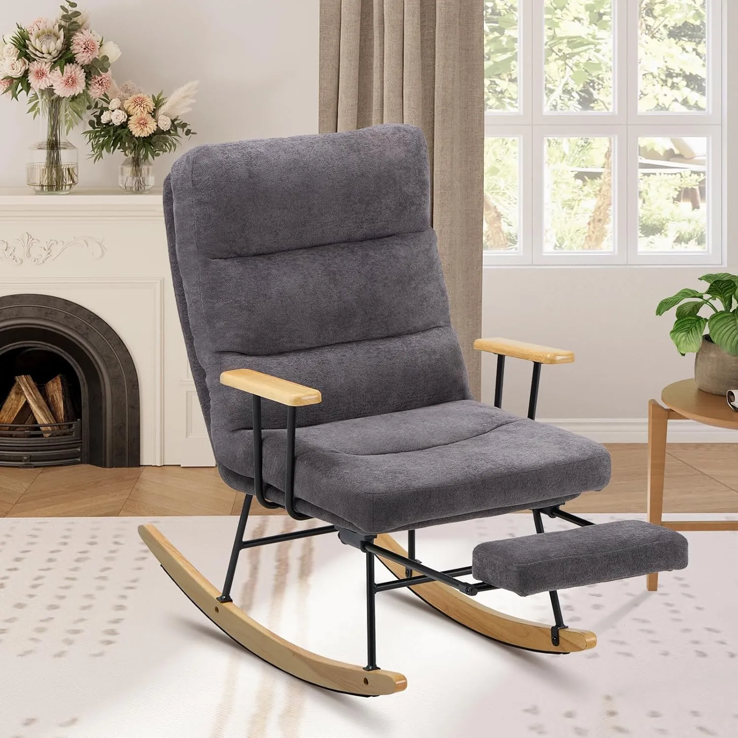 Rocking Chair with Footrest-Glider Rocker Chair with Retractable Footrest and Adjustable Backrest, Teddy Upholstered Rocking Chair, Modern Accent Chair for Living Room/Nursery/Bedroom/Outdoor-Grey