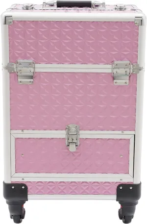 Rolling Makeup Trolley Case, Makeup Train Case with Keys Swivel Wheels, Makeup Suitcase Organizer on Wheels for Nail Tech Hairstylists (Pink)