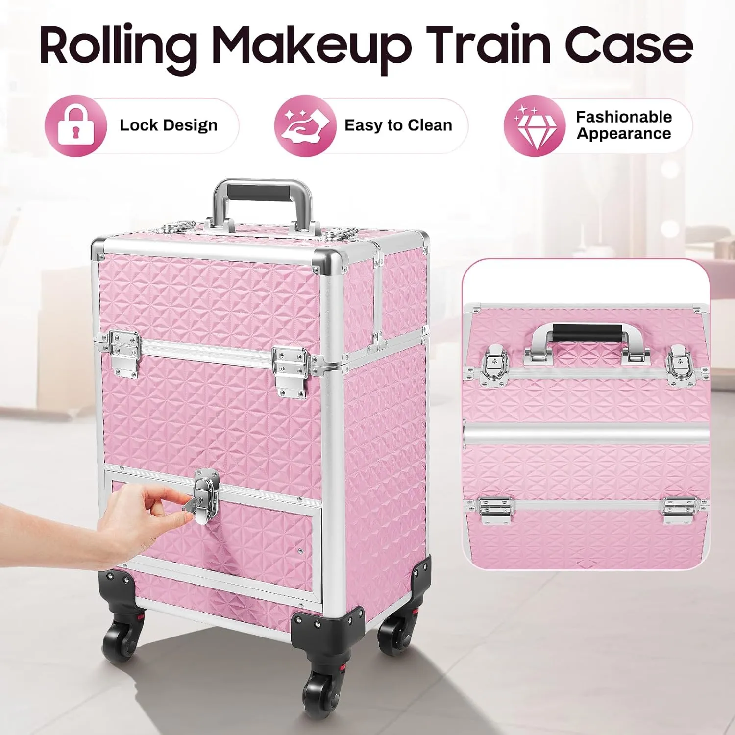 Rolling Makeup Trolley Case, Makeup Train Case with Keys Swivel Wheels, Makeup Suitcase Organizer on Wheels for Nail Tech Hairstylists (Pink)