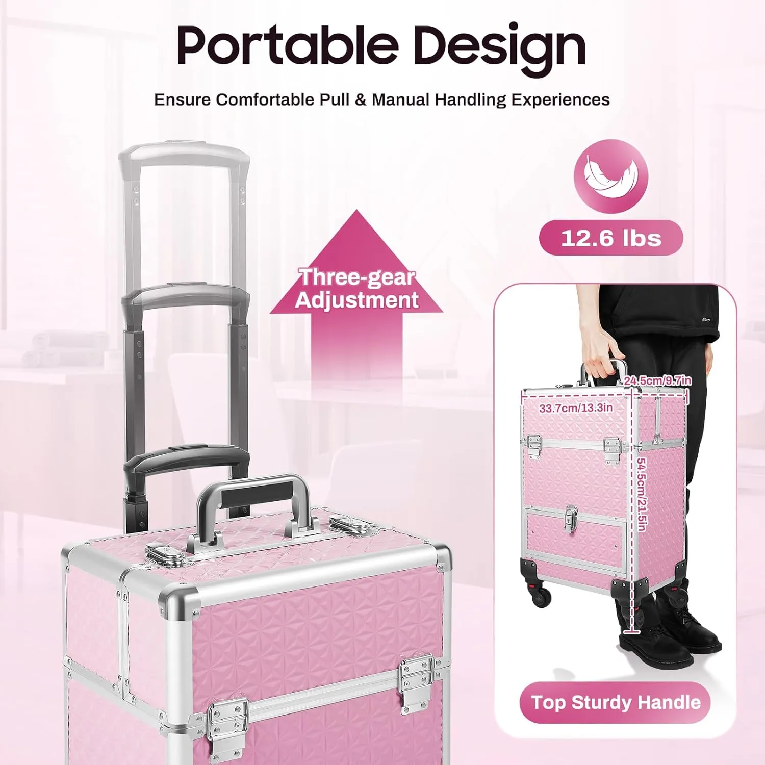 Rolling Makeup Trolley Case, Makeup Train Case with Keys Swivel Wheels, Makeup Suitcase Organizer on Wheels for Nail Tech Hairstylists (Pink)