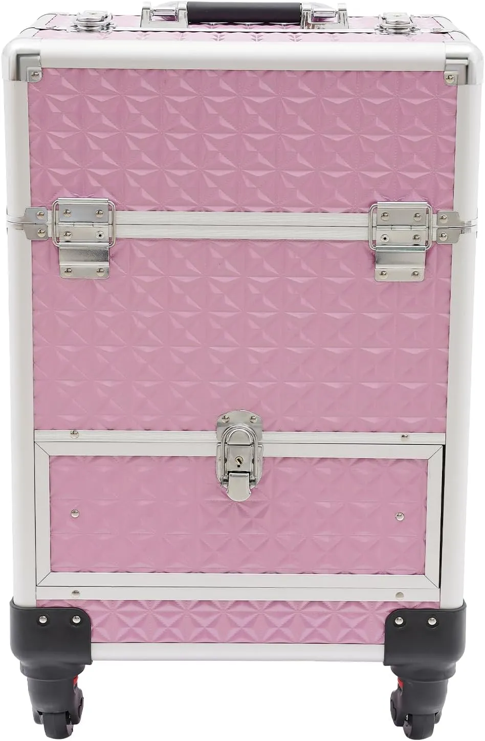 Rolling Makeup Trolley Case, Makeup Train Case with Keys Swivel Wheels, Makeup Suitcase Organizer on Wheels for Nail Tech Hairstylists (Pink)