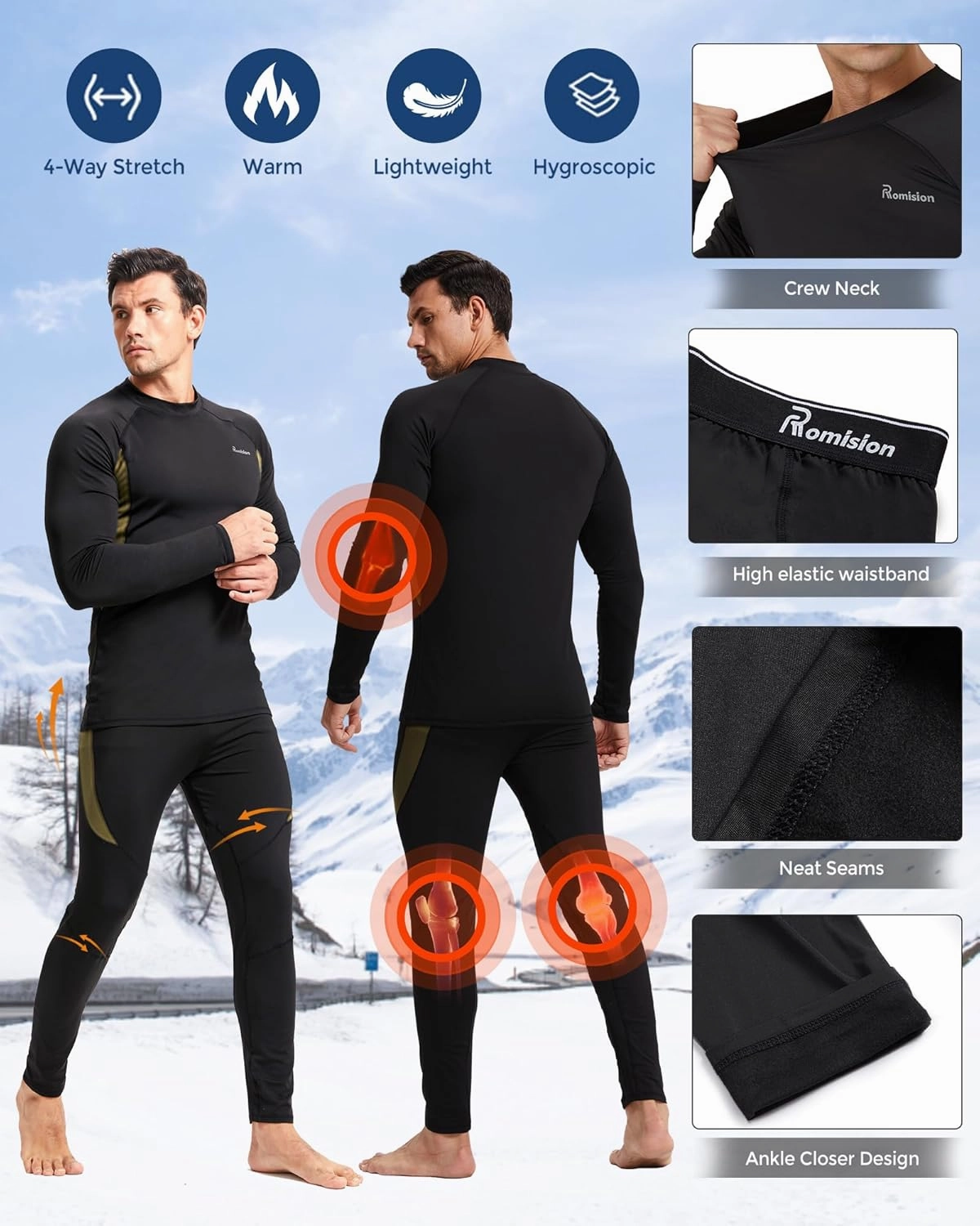 romision 2 Pack Thermal Underwear for Men Long Johns Fleece Lined Hunting Gear Bottom Top Set Base Layer Cold Weather XS-4XL
