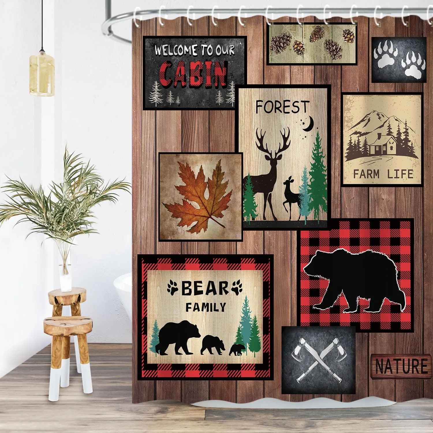 RosieLily Cabin Shower Curtain, Farmhouse Shower Curtain, Rustic Bear Deer Moose Country Lodge Wildlife Woodland Bathroom Curtain with Hooks, 72W x 72H Inch Extra Long Primitive Shower Curtains