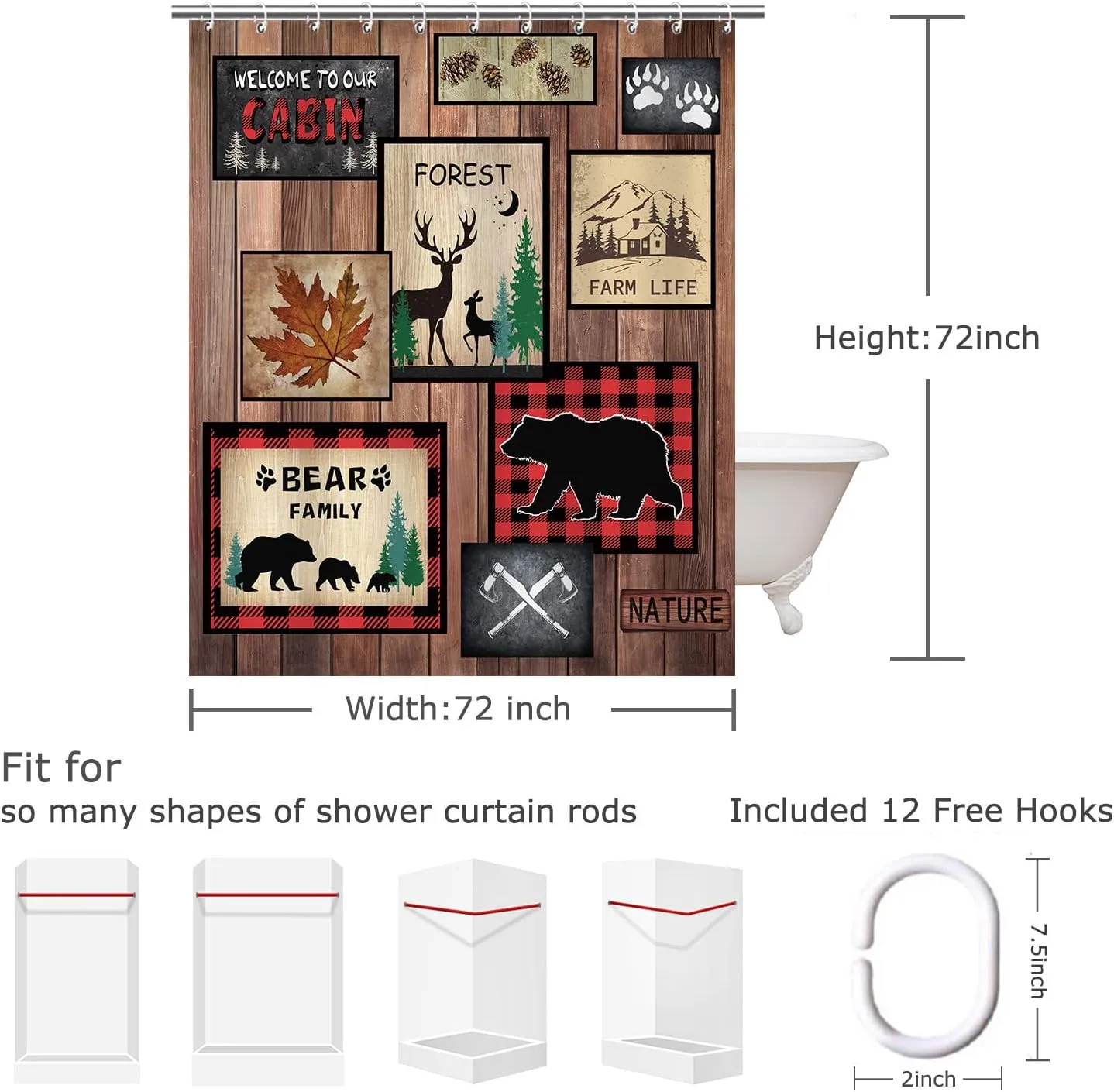 RosieLily Cabin Shower Curtain, Farmhouse Shower Curtain, Rustic Bear Deer Moose Country Lodge Wildlife Woodland Bathroom Curtain with Hooks, 72W x 72H Inch Extra Long Primitive Shower Curtains