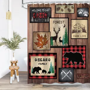 RosieLily Cabin Shower Curtain, Farmhouse Shower Curtain, Rustic Bear Deer Moose Country Lodge Wildlife Woodland Bathroom Curtain with Hooks, 72W x 72H Inch Extra Long Primitive Shower Curtains