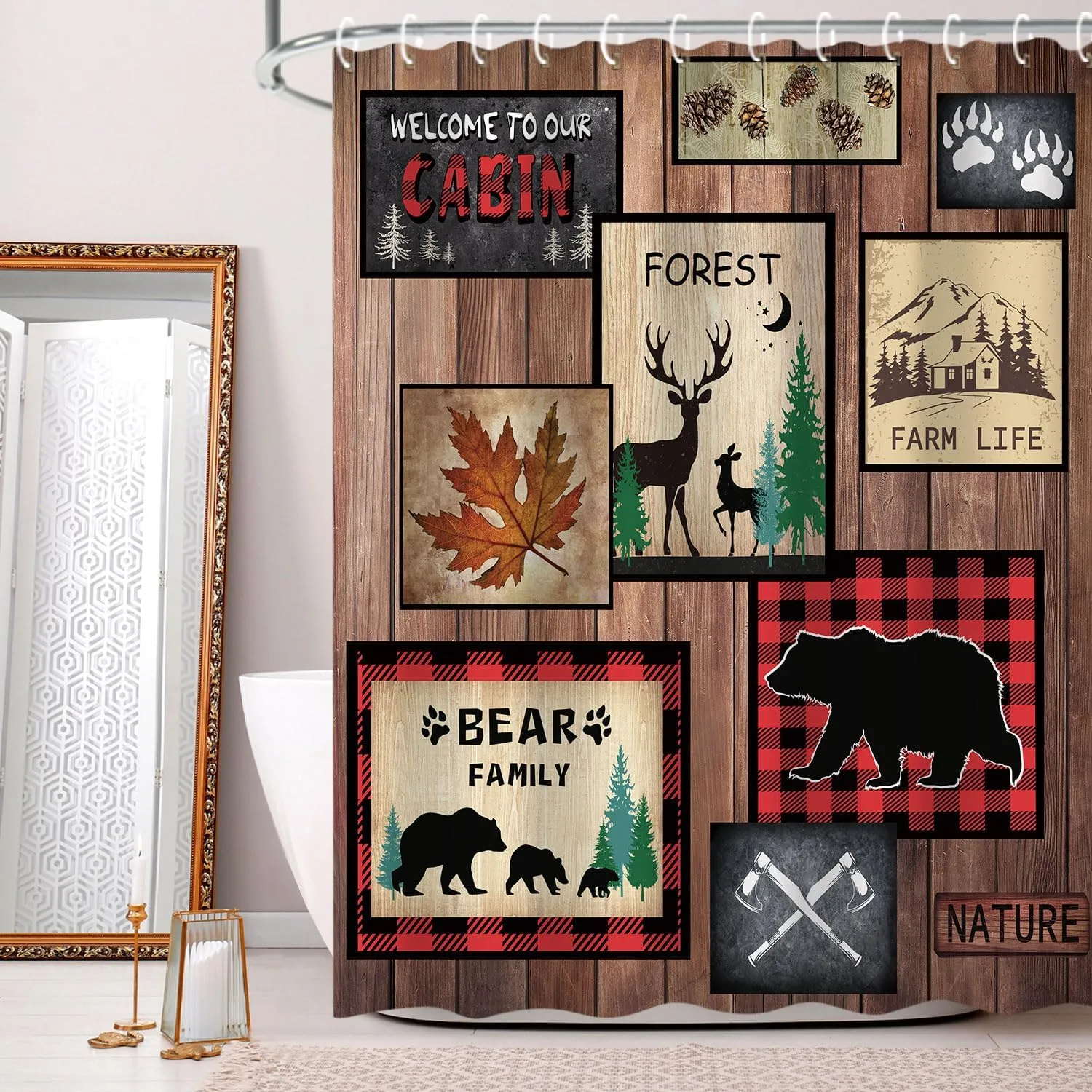 RosieLily Cabin Shower Curtain, Farmhouse Shower Curtain, Rustic Bear Deer Moose Country Lodge Wildlife Woodland Bathroom Curtain with Hooks, 72W x 72H Inch Extra Long Primitive Shower Curtains