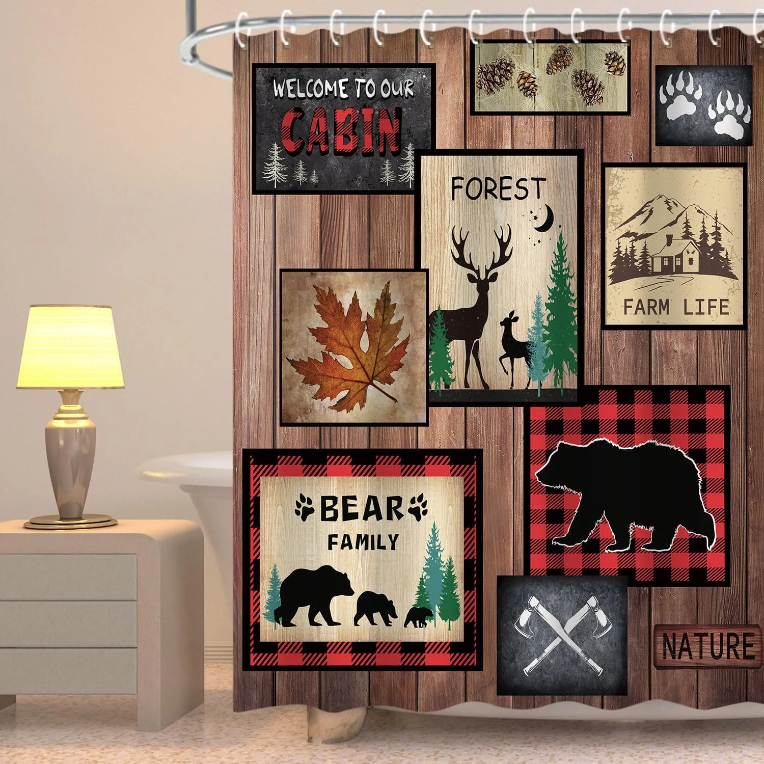 RosieLily Cabin Shower Curtain, Farmhouse Shower Curtain, Rustic Bear Deer Moose Country Lodge Wildlife Woodland Bathroom Curtain with Hooks, 72W x 72H Inch Extra Long Primitive Shower Curtains