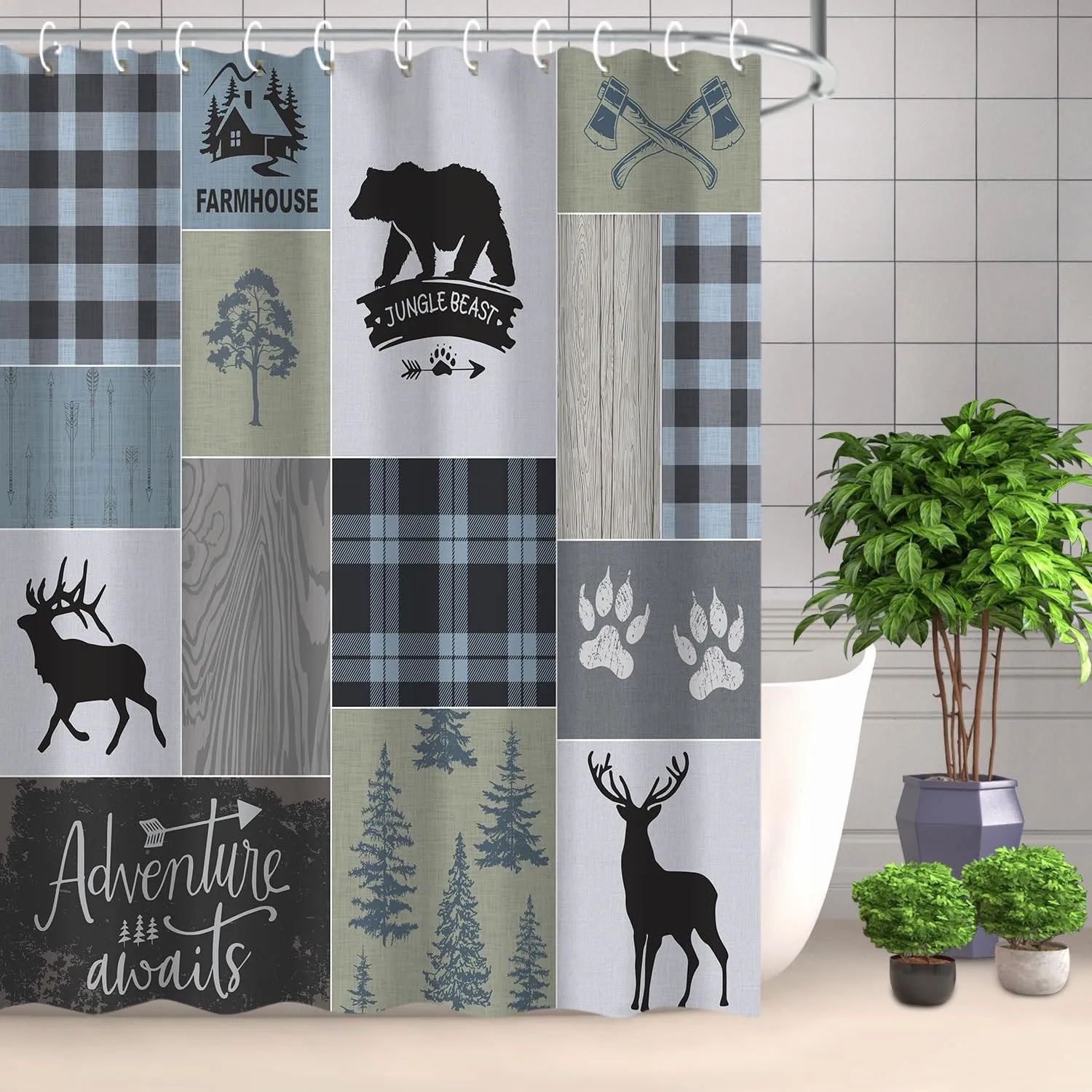 RosieLily Cabin Shower Curtain, Rustic Shower Curtain, Farmhouse Bear Deer Shower Curtains, Lodge Wildlife Moose Shower Curtains with 12 Hooks Country Adventure Men Bathroom Curtain Sets 72W x 72H