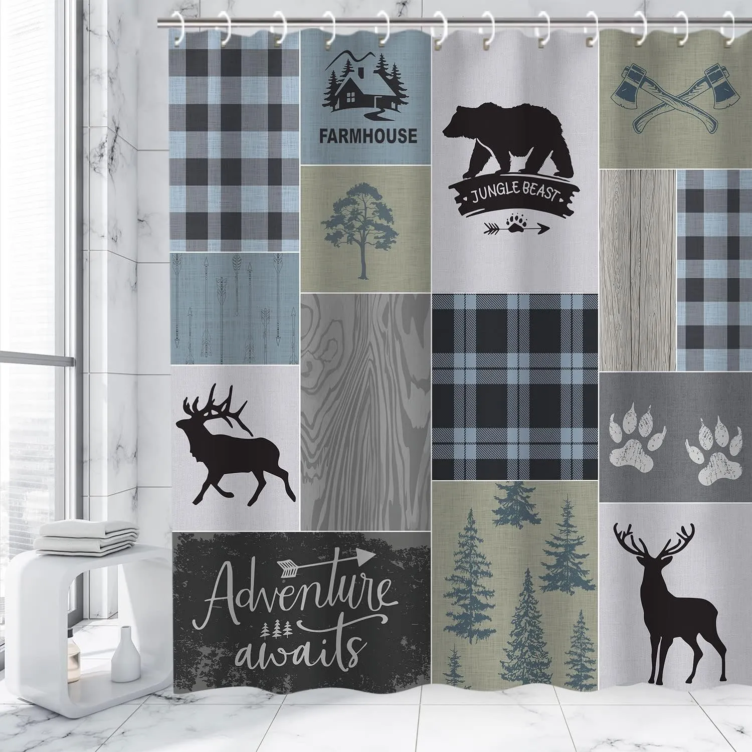 RosieLily Cabin Shower Curtain, Rustic Shower Curtain, Farmhouse Bear Deer Shower Curtains, Lodge Wildlife Moose Shower Curtains with 12 Hooks Country Adventure Men Bathroom Curtain Sets 72W x 72H