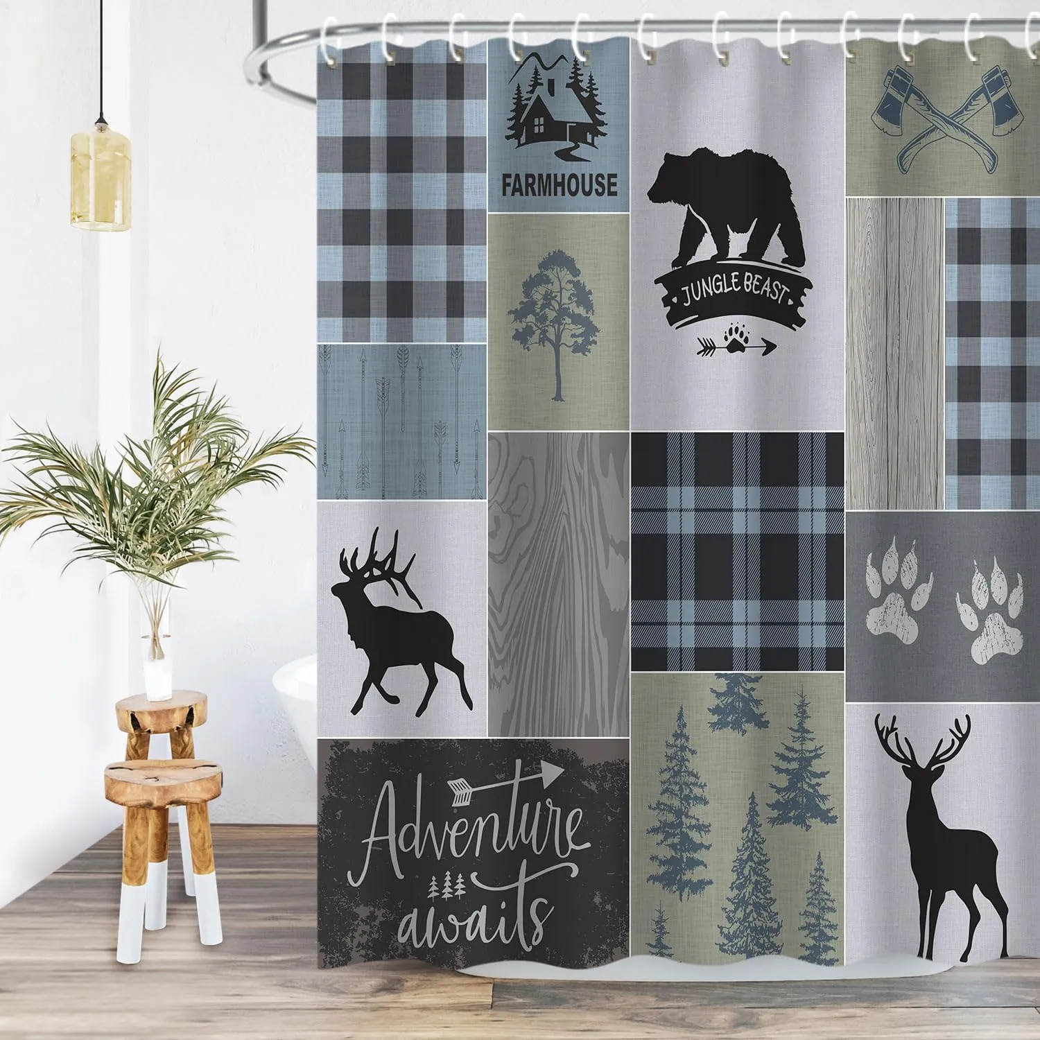RosieLily Cabin Shower Curtain, Rustic Shower Curtain, Farmhouse Bear Deer Shower Curtains, Lodge Wildlife Moose Shower Curtains with 12 Hooks Country Adventure Men Bathroom Curtain Sets 72W x 72H