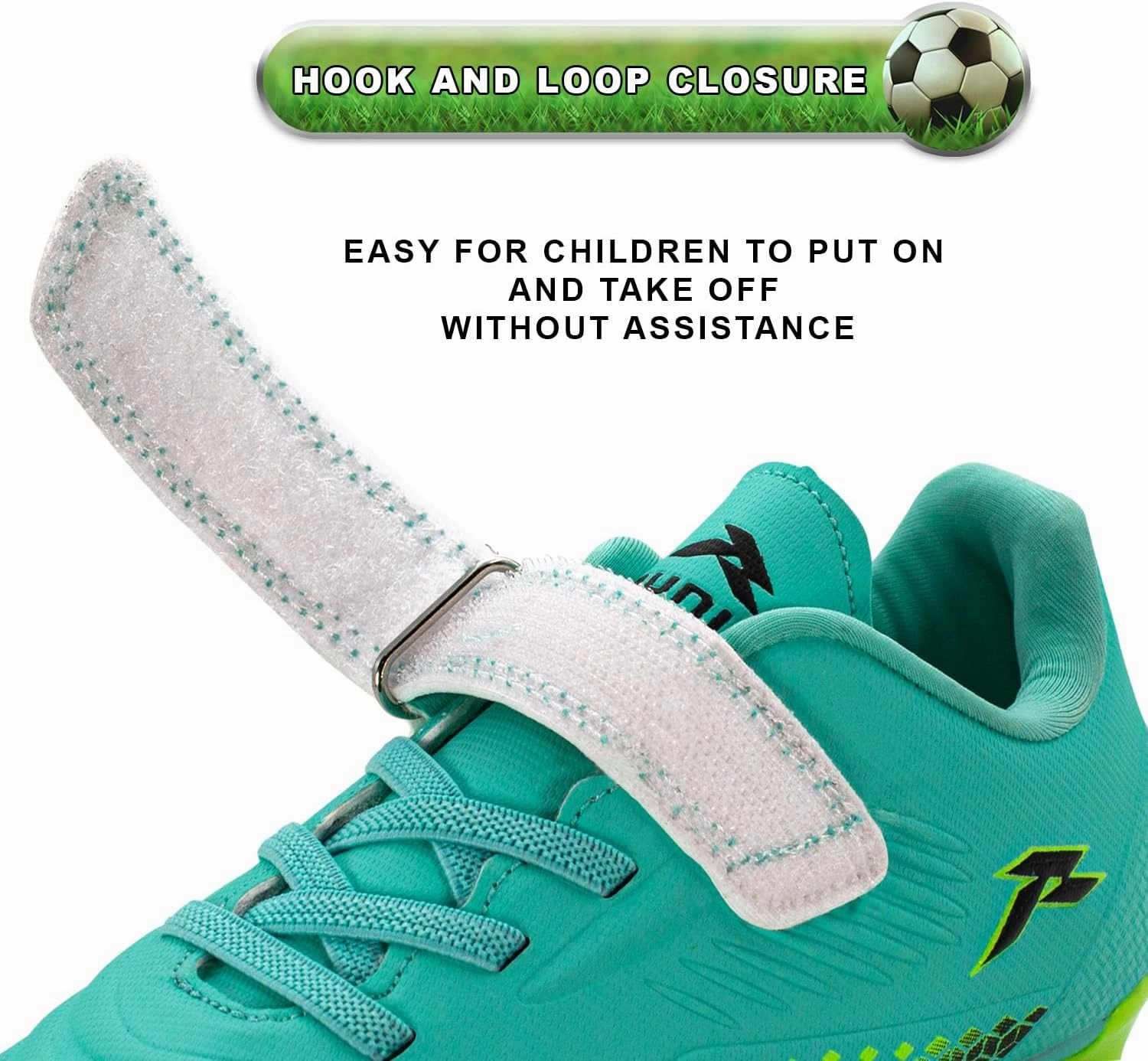 RUNIC Kids Soccer Cleats for Boys and Girls - Small and Big Kid Athletic Outdoor Football Shoes - Firm Ground - Hook and Loop Closure - Black/Gold
