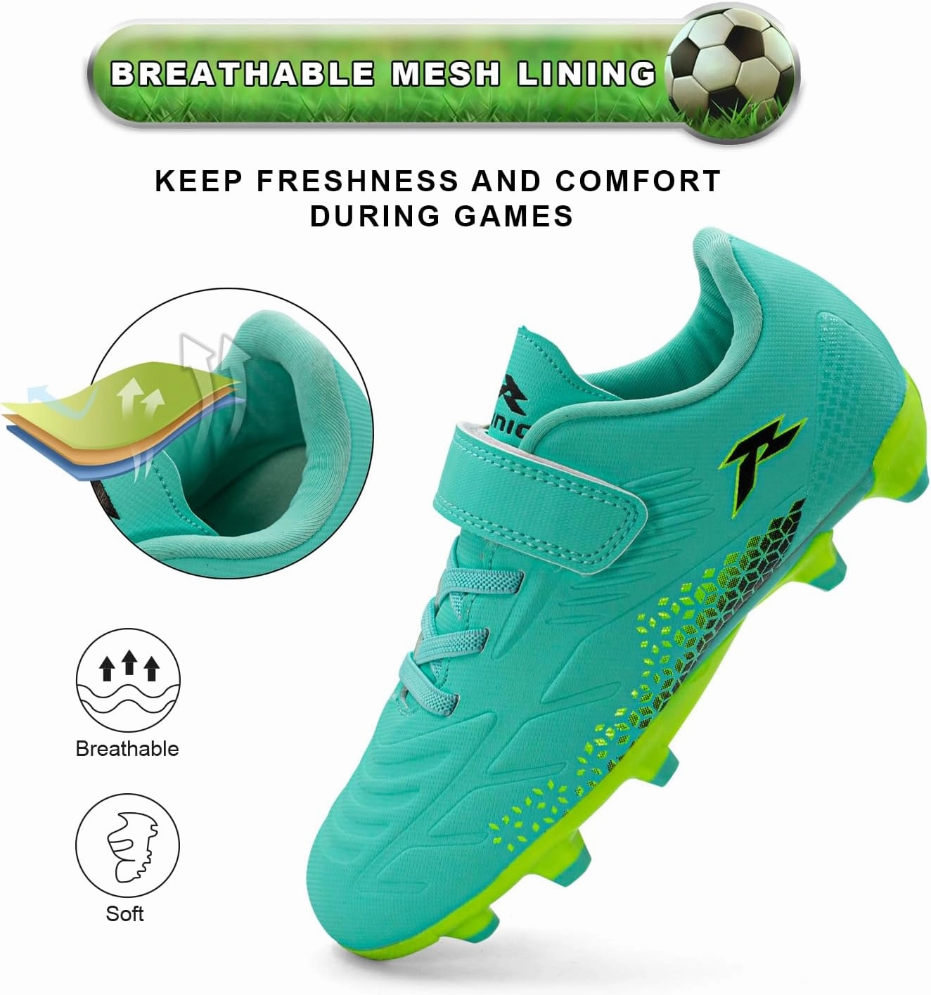 RUNIC Kids Soccer Cleats for Boys and Girls - Small and Big Kid Athletic Outdoor Football Shoes - Firm Ground - Hook and Loop Closure - Black/Gold