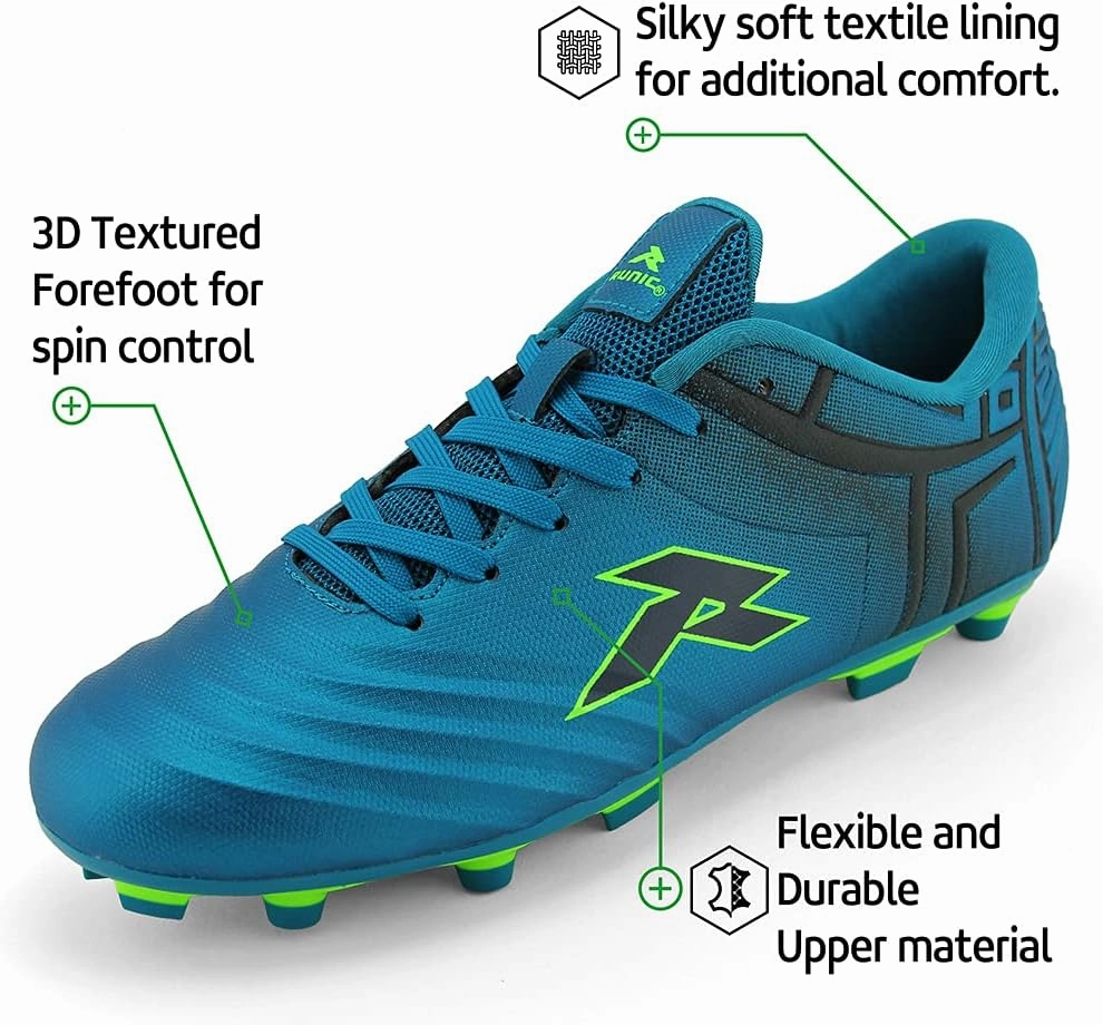 RUNIC Soccer Cleats for Men and Boys – Firm Ground Cleats with Multi-Shaped Studs - Textured Forefoot- Soft Lining -Flexible Upper - Reinforced Stitching - Black/Gold - 6