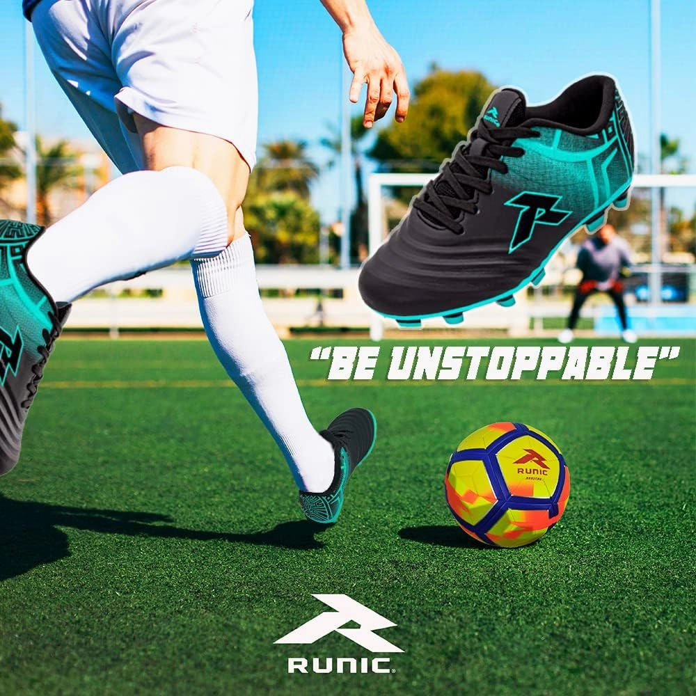 RUNIC Soccer Cleats for Men and Boys – Firm Ground Cleats with Multi-Shaped Studs - Textured Forefoot- Soft Lining -Flexible Upper - Reinforced Stitching - Black/Gold - 6