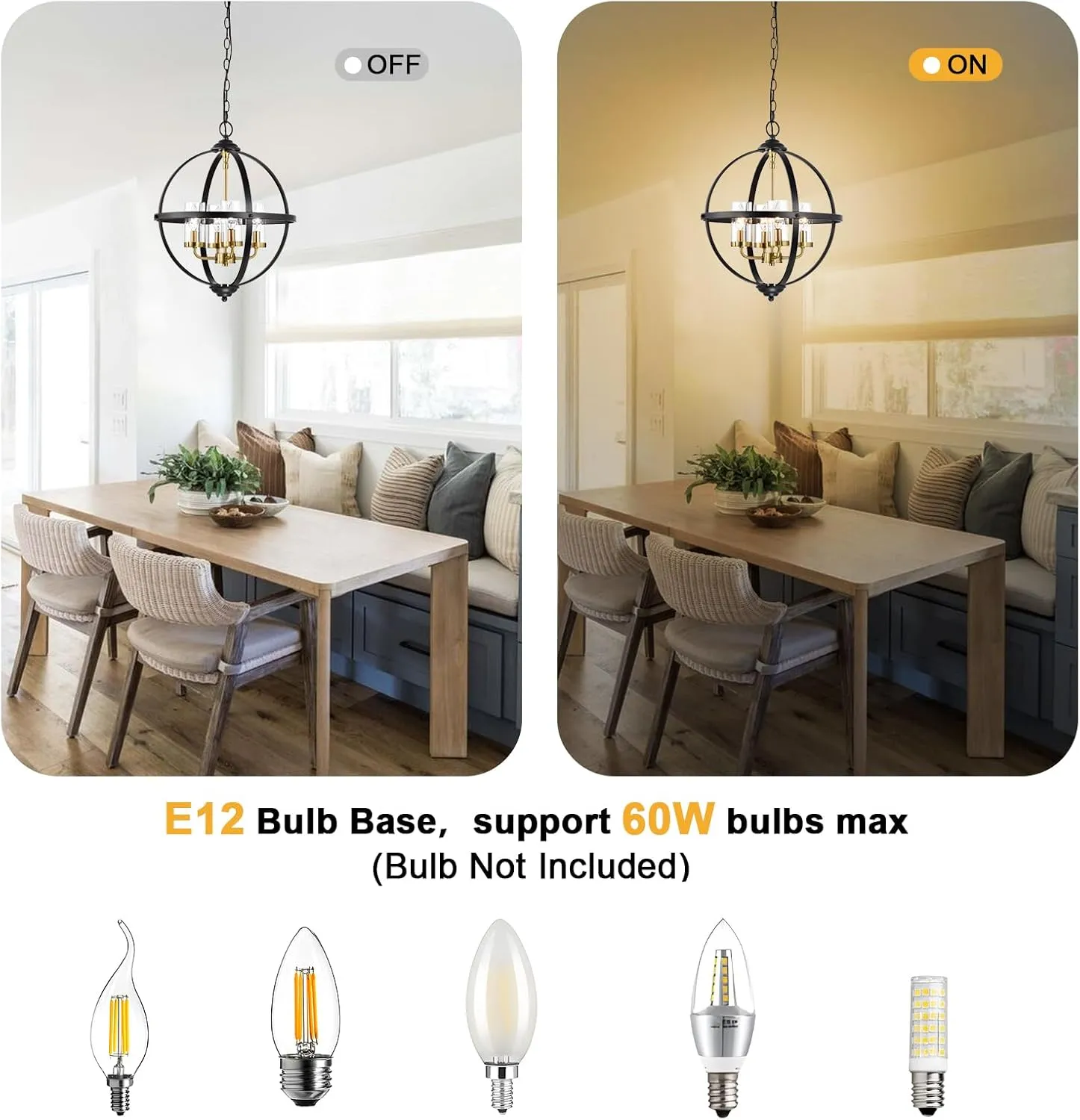 Rustic Chandelier, 14" Black and Gold Globe Pendant Chandelier, 3-Light Adjustable Ceiling Hanging Light for Kitchen, Dining Room, Living Room, Hallway, Bedroom, Entryway