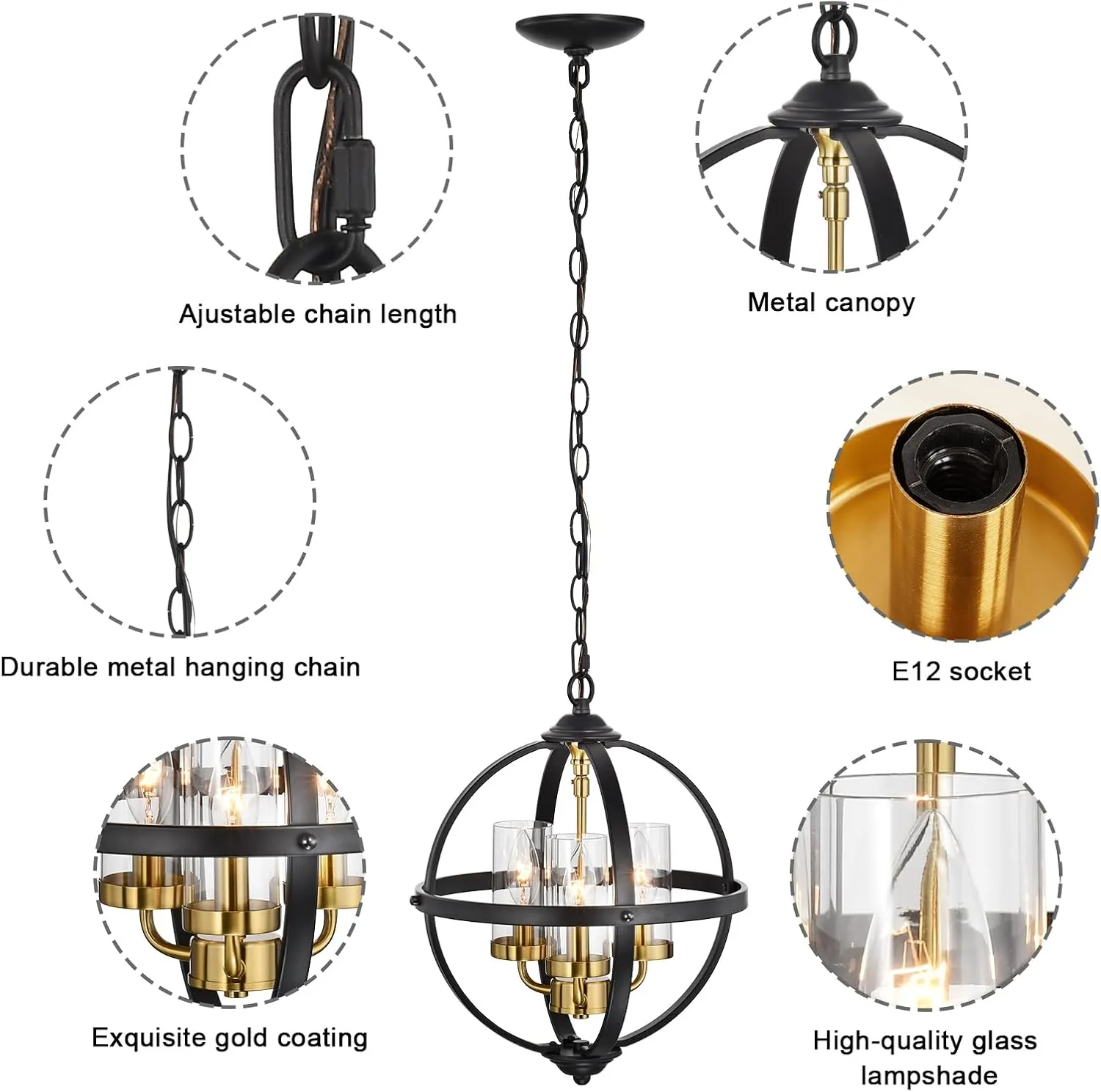 Rustic Chandelier, 14" Black and Gold Globe Pendant Chandelier, 3-Light Adjustable Ceiling Hanging Light for Kitchen, Dining Room, Living Room, Hallway, Bedroom, Entryway