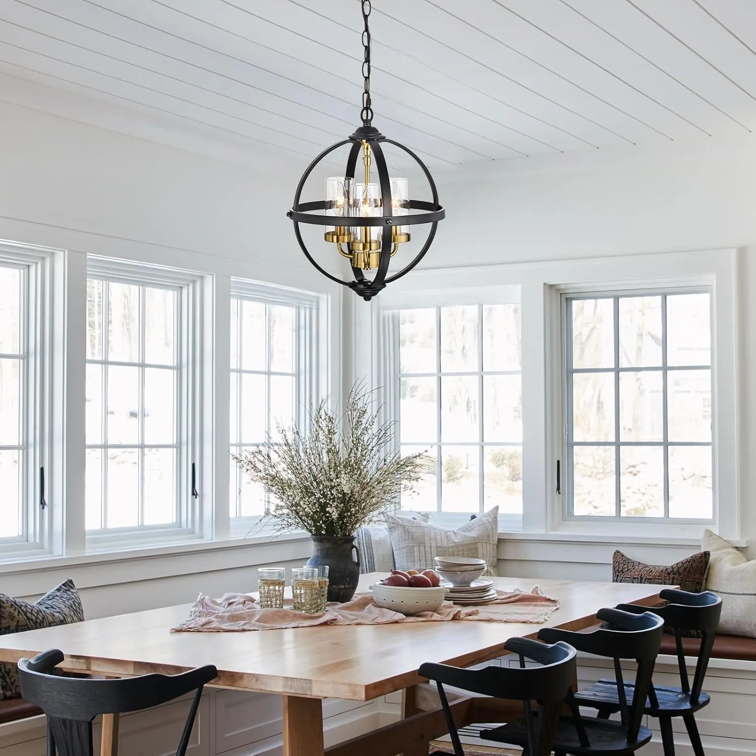 Rustic Chandelier, 14" Black and Gold Globe Pendant Chandelier, 3-Light Adjustable Ceiling Hanging Light for Kitchen, Dining Room, Living Room, Hallway, Bedroom, Entryway