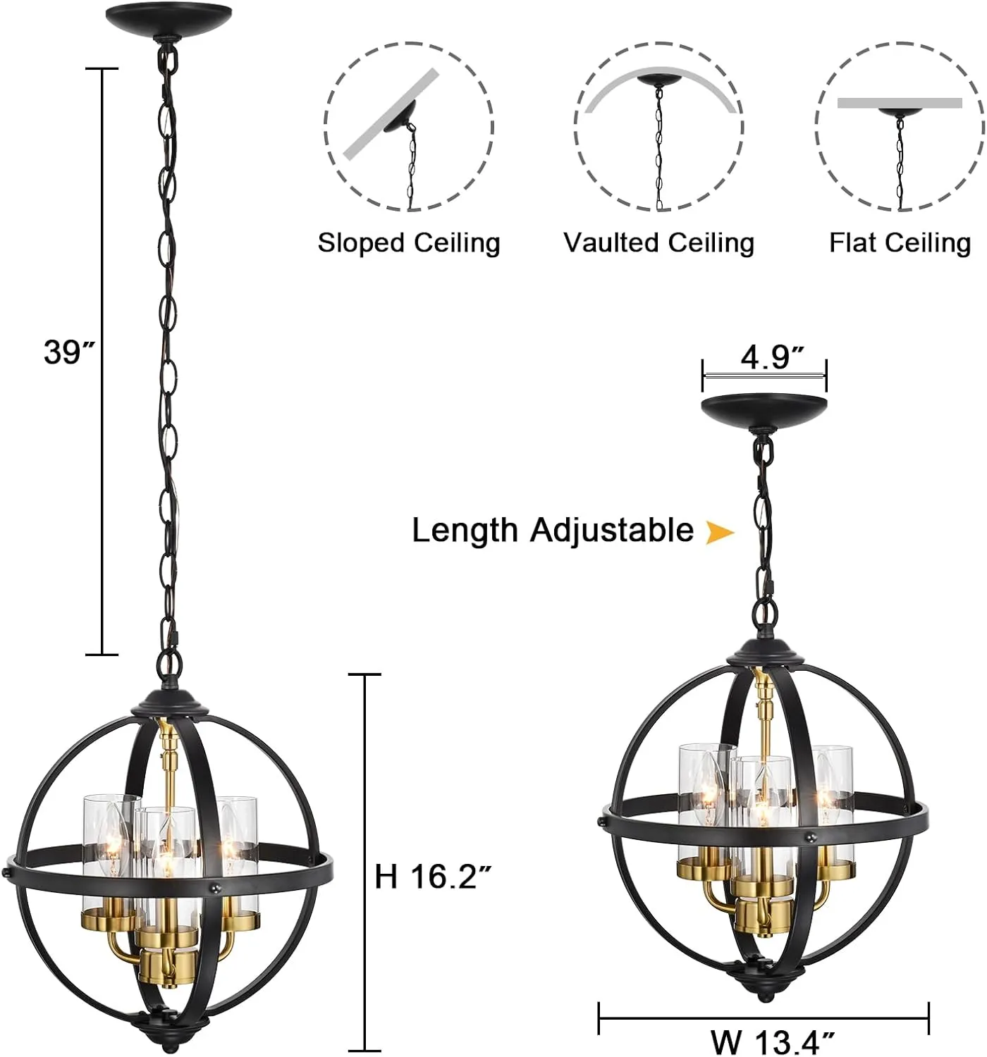 Rustic Chandelier, 14" Black and Gold Globe Pendant Chandelier, 3-Light Adjustable Ceiling Hanging Light for Kitchen, Dining Room, Living Room, Hallway, Bedroom, Entryway