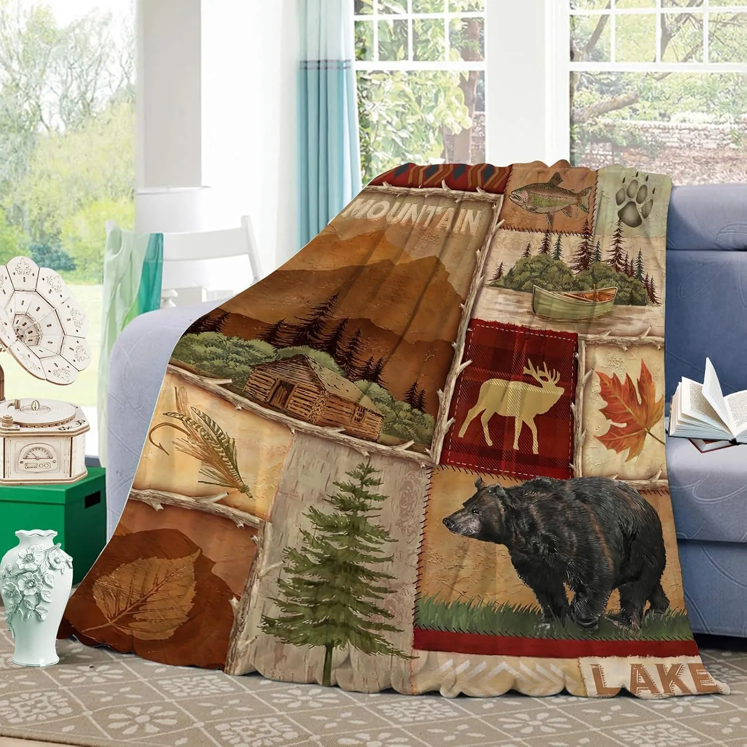 Rustic Lodge Bear Moose Deer Throw Blanket Soft Warm Cozy Lightweight Decorative Blanket for Couch, Bed, Sofa, Travel 60x80 inch