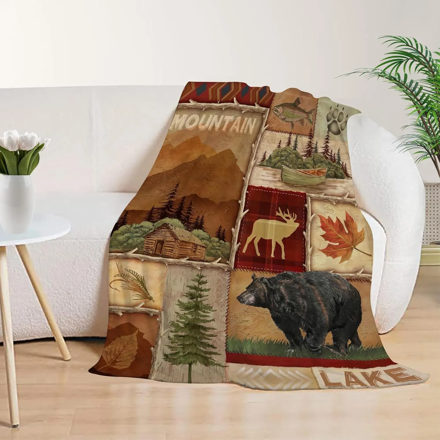 Rustic Lodge Bear Moose Deer Throw Blanket Soft Warm Cozy Lightweight Decorative Blanket for Couch, Bed, Sofa, Travel 60x80 inch