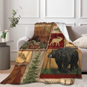 Rustic Lodge Bear Moose Deer Throw Blanket Soft Warm Cozy Lightweight Decorative Blanket for Couch, Bed, Sofa, Travel 60x80 inch