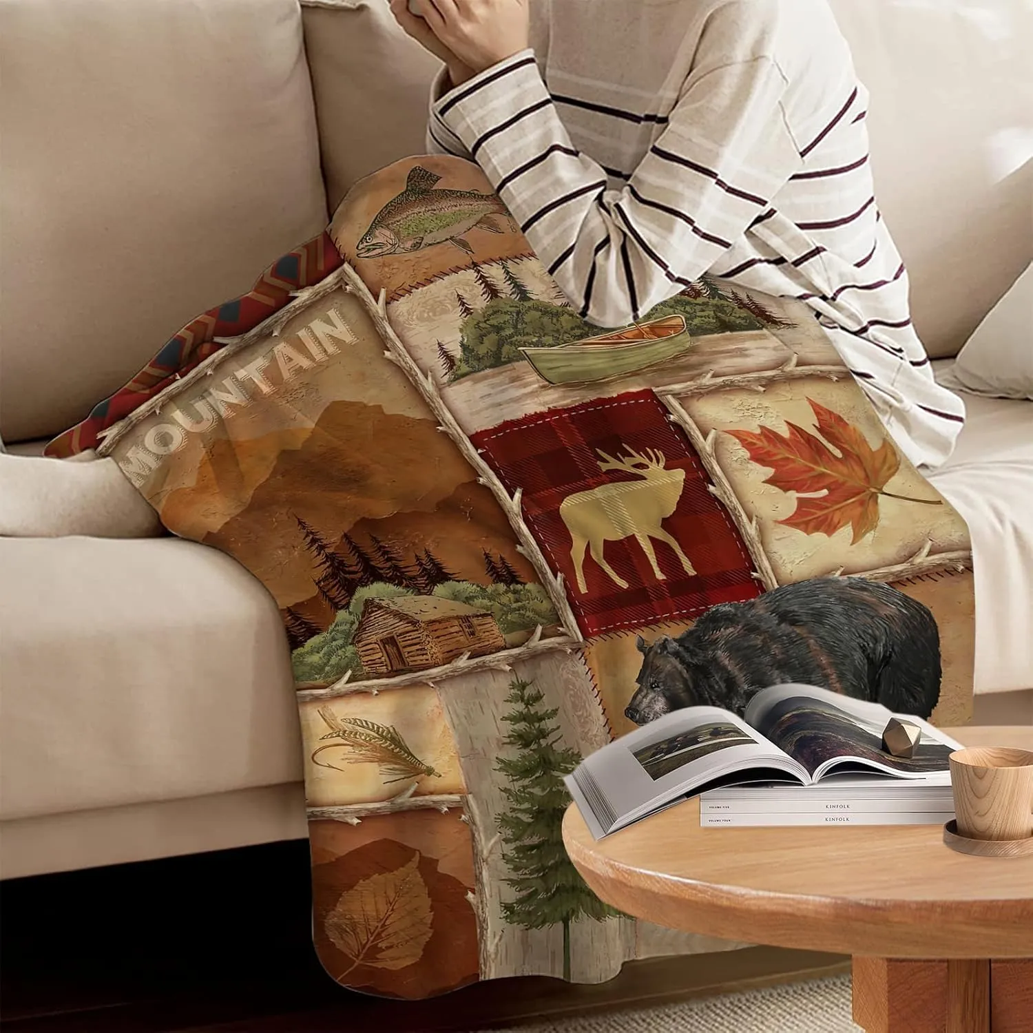 Rustic Lodge Bear Moose Deer Throw Blanket Soft Warm Cozy Lightweight Decorative Blanket for Couch, Bed, Sofa, Travel 60x80 inch