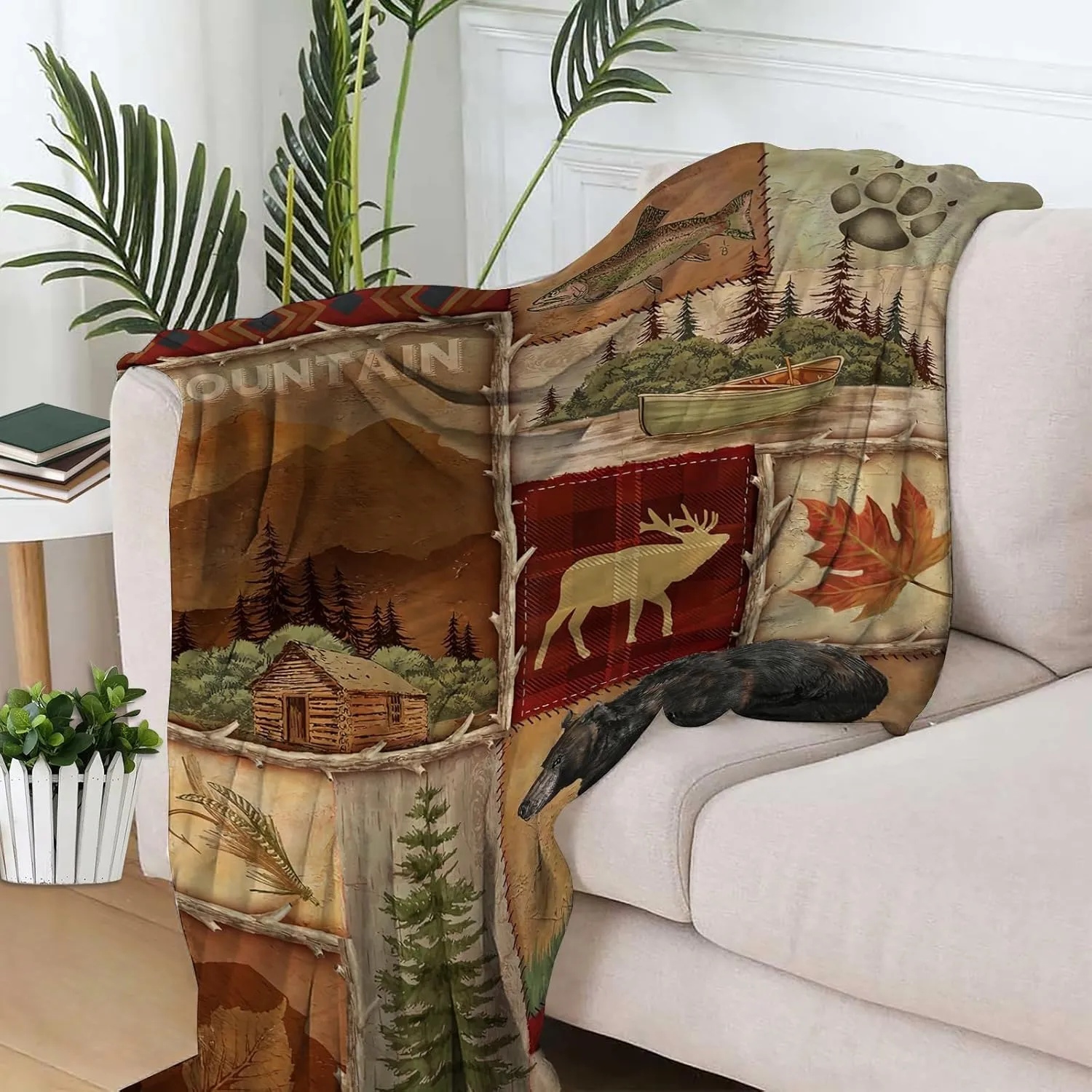 Rustic Lodge Bear Moose Deer Throw Blanket Soft Warm Cozy Lightweight Decorative Blanket for Couch, Bed, Sofa, Travel 60x80 inch