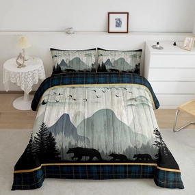 Rustic Bear Comforter Set Twin for Adult Women Wild Animal Bear Print Bedding, Western Farmhouse Theme Duvet Insert for Boys Girls Blue Geometry Grids Decor Quilt, Old Barn Door Print Comforter Set
