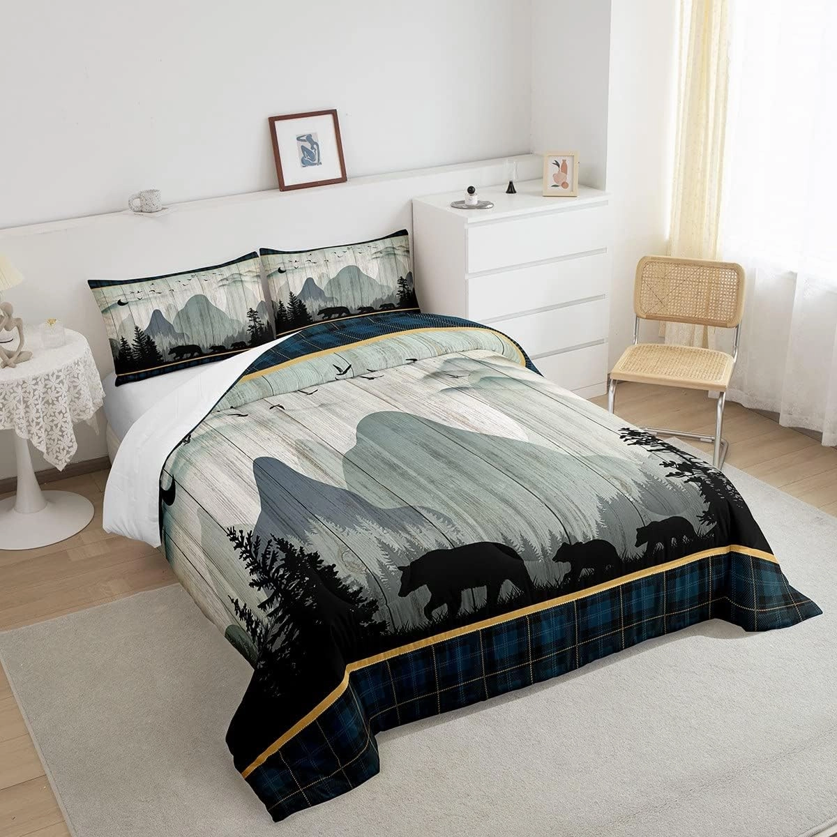 Rustic Bear Comforter Set Twin for Adult Women Wild Animal Bear Print Bedding, Western Farmhouse Theme Duvet Insert for Boys Girls Blue Geometry Grids Decor Quilt, Old Barn Door Print Comforter Set