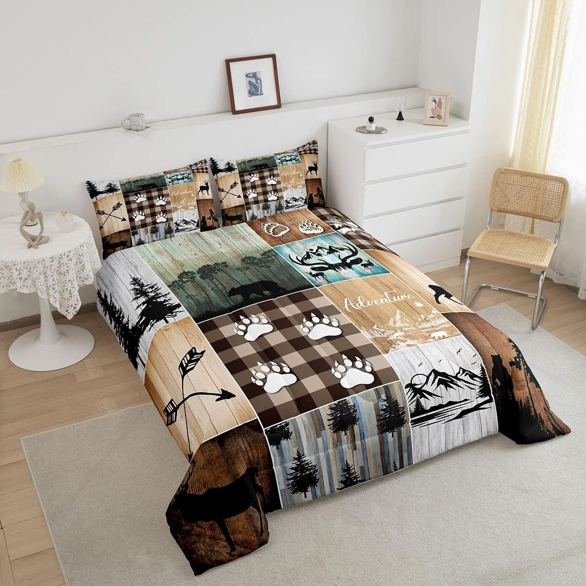 Rustic Farmhouse Comforter Set Twin for Adult Women Wild Animal Deer Bear Print Bedding,Hunting and Fishing Theme Camping Duvet Insert for Boy Girl Kid Geometry Patchwork Quilt Old Barn Door Bedding