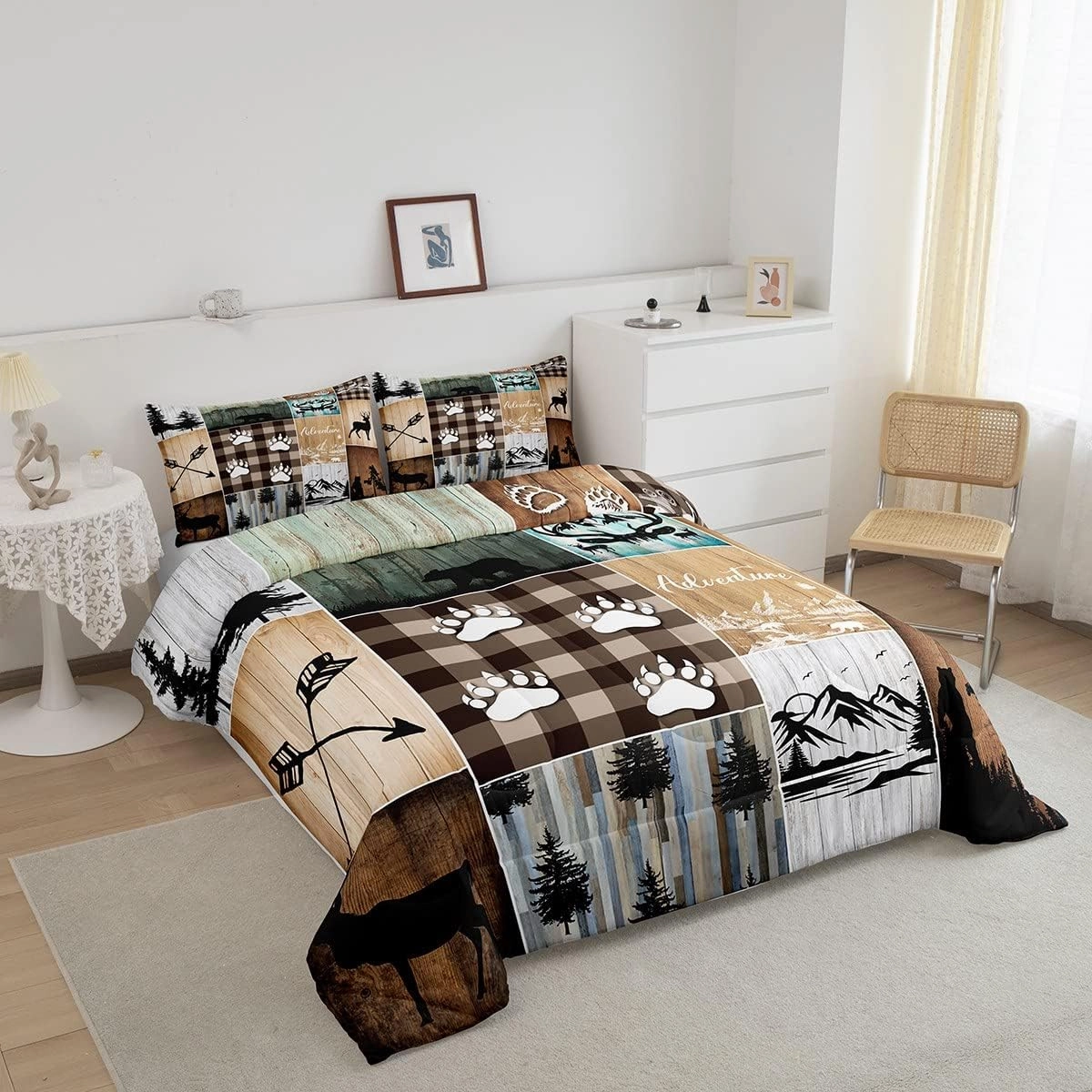 Rustic Farmhouse Comforter Set Twin for Adult Women Wild Animal Deer Bear Print Bedding,Hunting and Fishing Theme Camping Duvet Insert for Boy Girl Kid Geometry Patchwork Quilt Old Barn Door Bedding