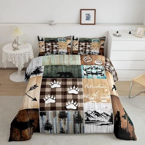 Rustic Farmhouse Comforter Set Twin for Adult Women Wild Animal Deer Bear Print Bedding,Hunting and Fishing Theme Camping Duvet Insert for Boy Girl Kid Geometry Patchwork Quilt Old Barn Door Bedding