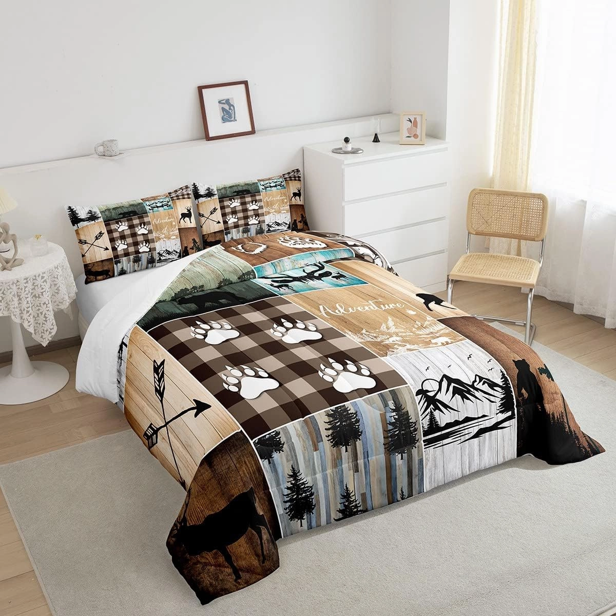 Rustic Farmhouse Comforter Set Twin for Adult Women Wild Animal Deer Bear Print Bedding,Hunting and Fishing Theme Camping Duvet Insert for Boy Girl Kid Geometry Patchwork Quilt Old Barn Door Bedding