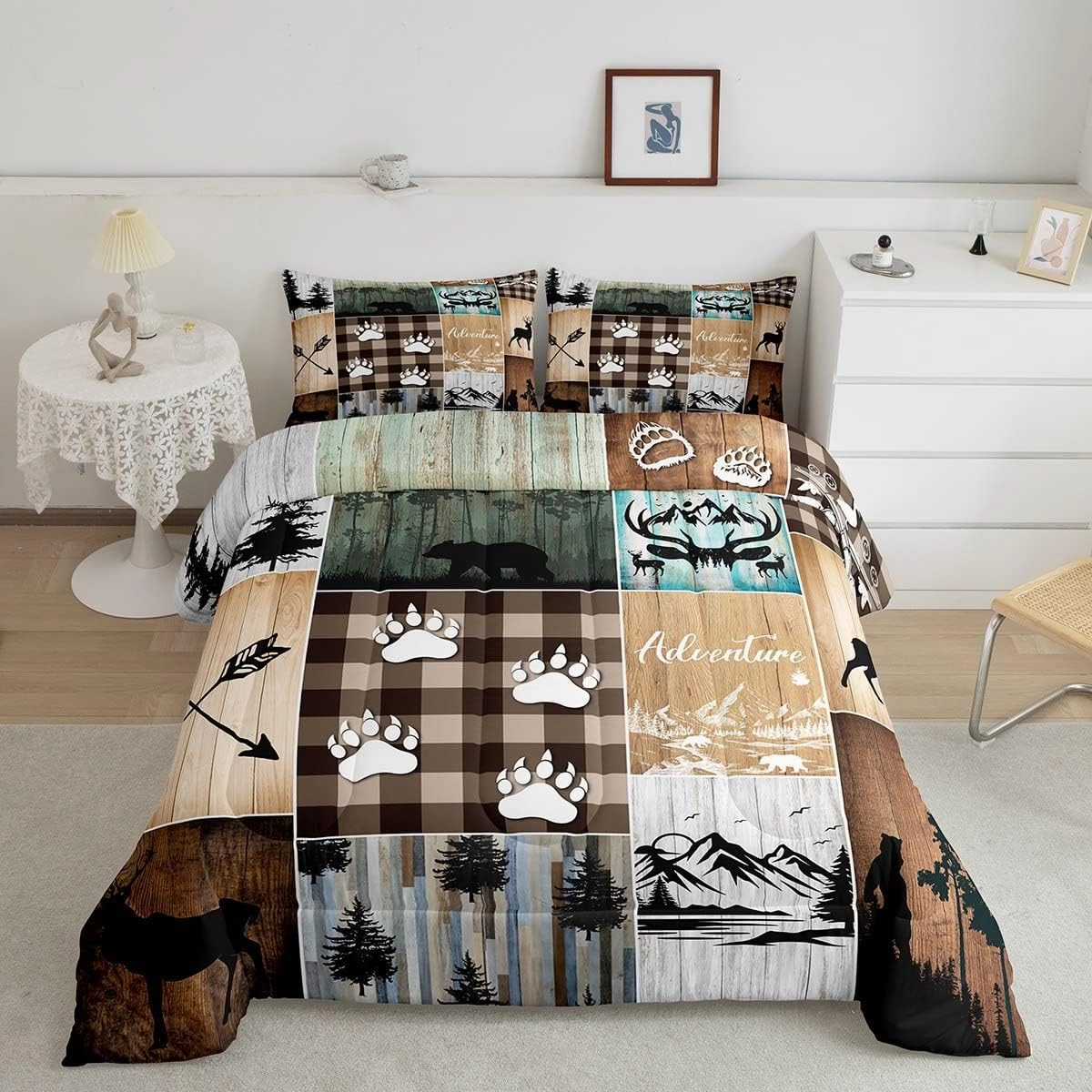 Rustic Farmhouse Comforter Set Twin for Adult Women Wild Animal Deer Bear Print Bedding,Hunting and Fishing Theme Camping Duvet Insert for Boy Girl Kid Geometry Patchwork Quilt Old Barn Door Bedding